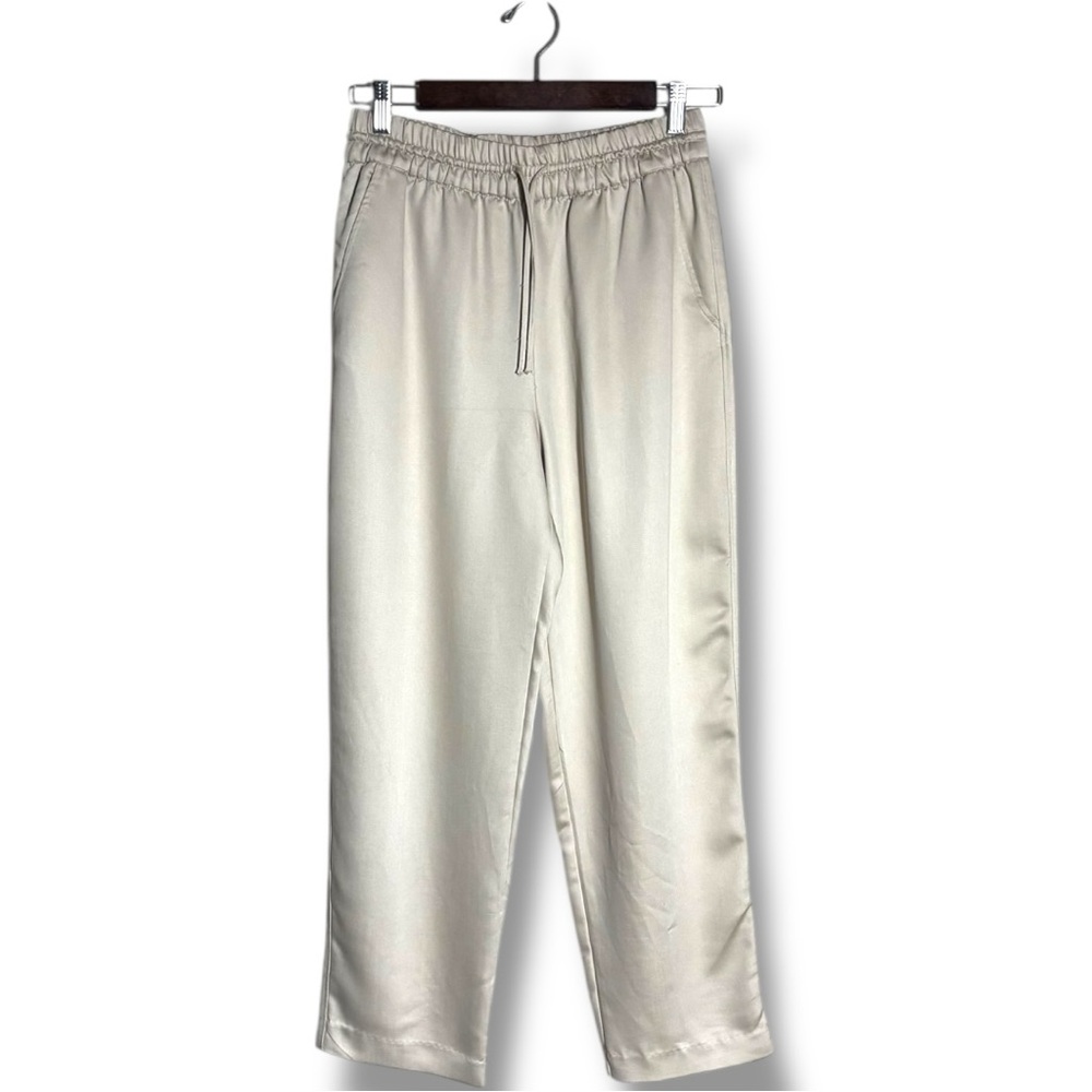 H&M Beige/Cream Soft Comfy High Drawstring Waist Satin Cropped Trousers - Picture 2 of 13